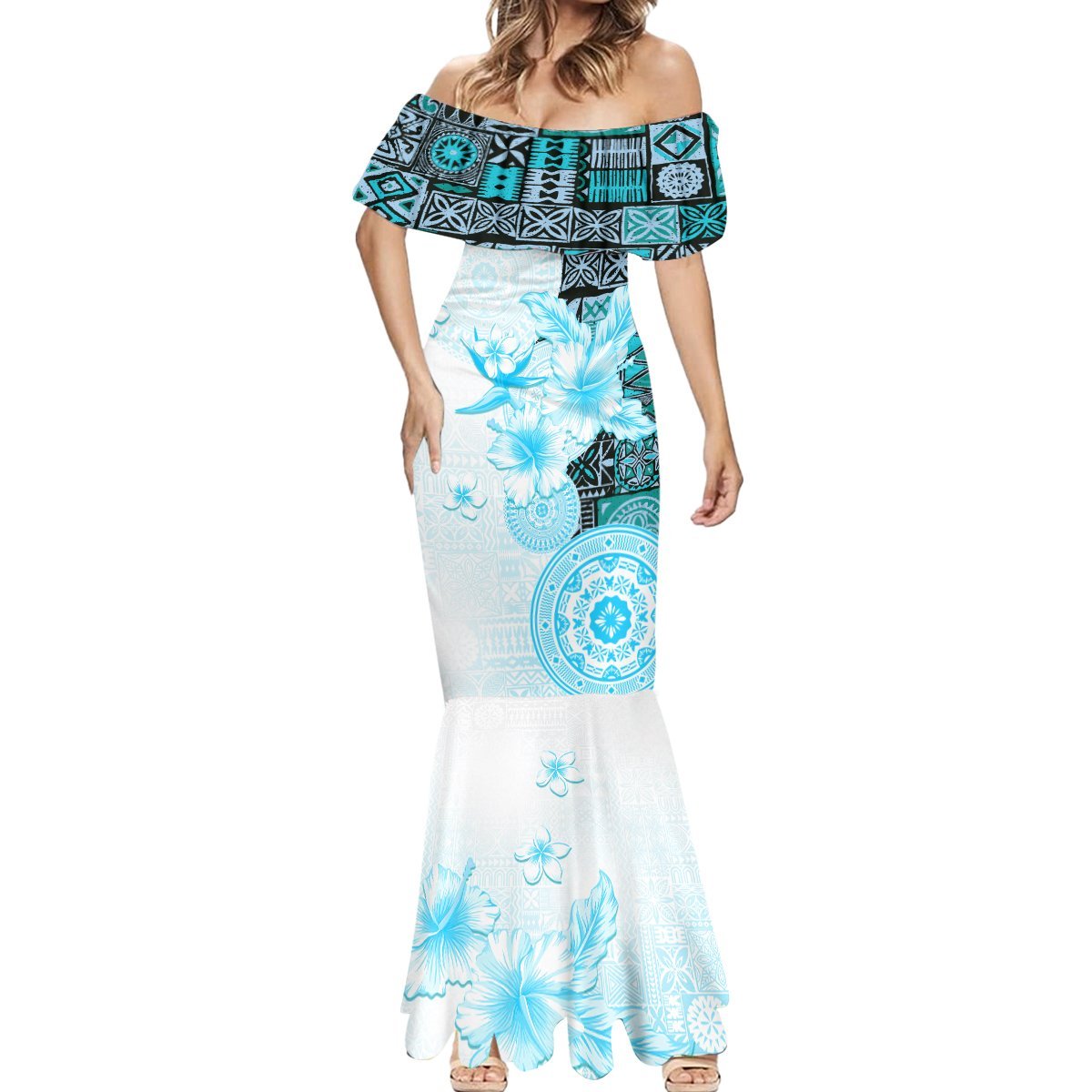 Fiji Mermaid Dress Masi Tapa Pattern Blue LT05 - Polynesian Pride