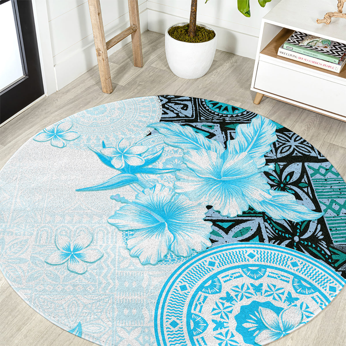 Fiji Round Carpet Masi Tapa Pattern Blue LT05 Blue - Polynesian Pride