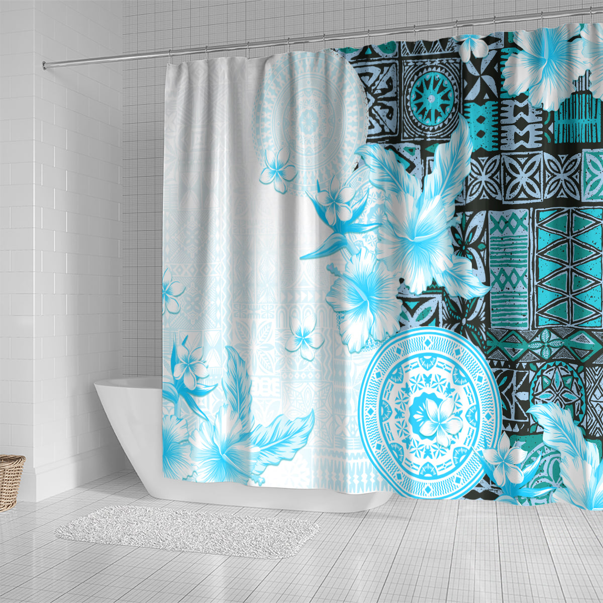 Fiji Shower Curtain Masi Tapa Pattern Blue LT05 - Polynesian Pride