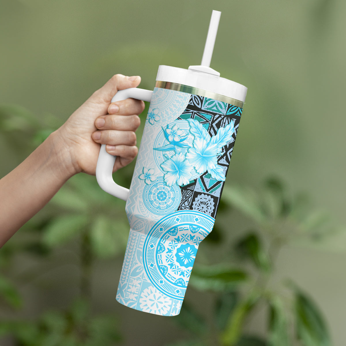 Fiji Tumbler With Handle Masi Tapa Pattern Blue
