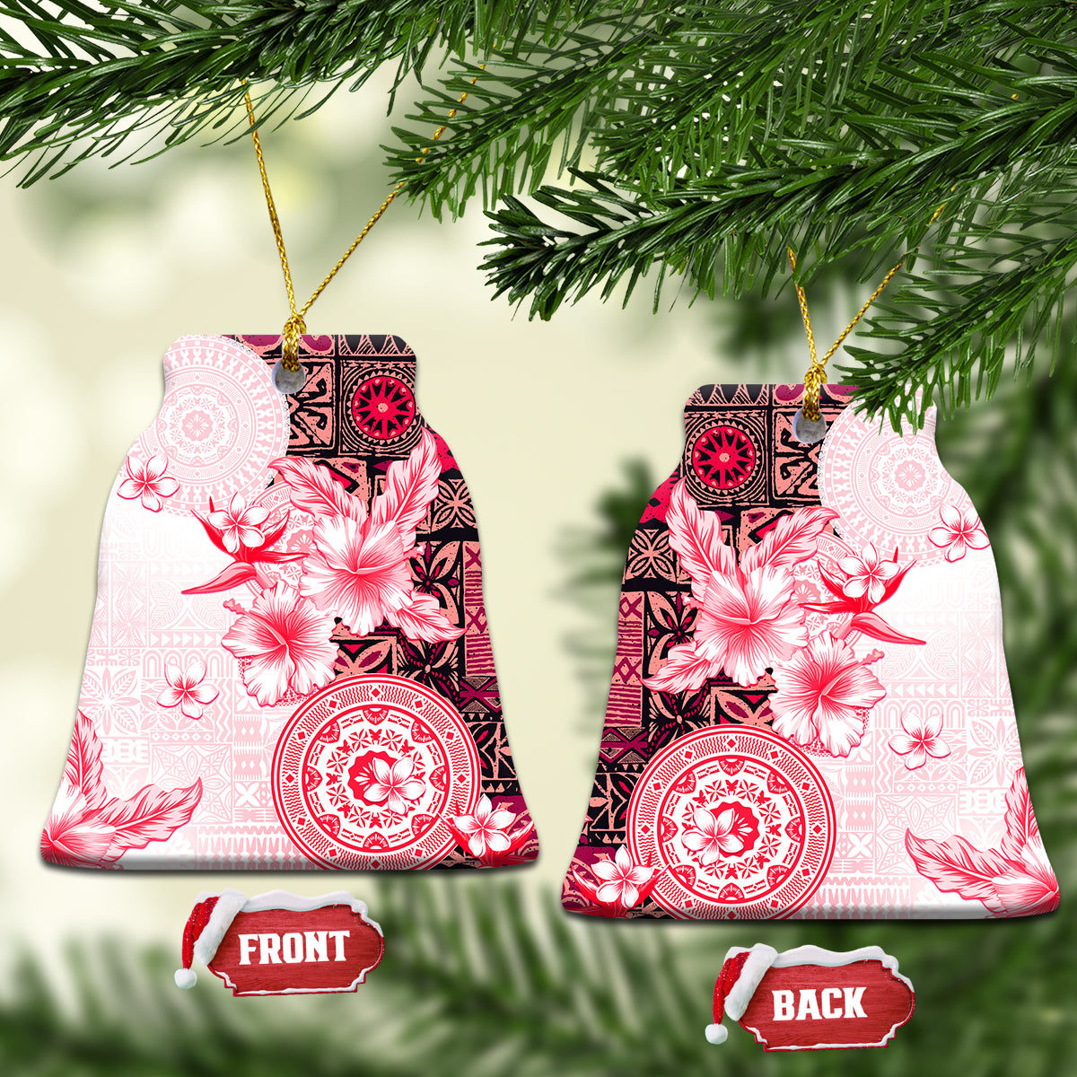 Fiji Ceramic Ornament Masi Tapa Pattern Red LT05 Bell Flake Red - Polynesian Pride