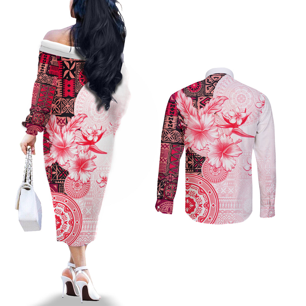 Fiji Couples Matching Off The Shoulder Long Sleeve Dress and Long Sleeve Button Shirt Masi Tapa Pattern Red LT05 - Polynesian Pride