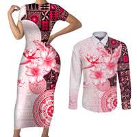 Fiji Couples Matching Short Sleeve Bodycon Dress and Long Sleeve Button Shirt Masi Tapa Pattern Red LT05 Red - Polynesian Pride