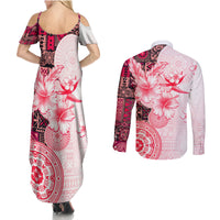 Fiji Couples Matching Summer Maxi Dress and Long Sleeve Button Shirt Masi Tapa Pattern Red LT05 - Polynesian Pride
