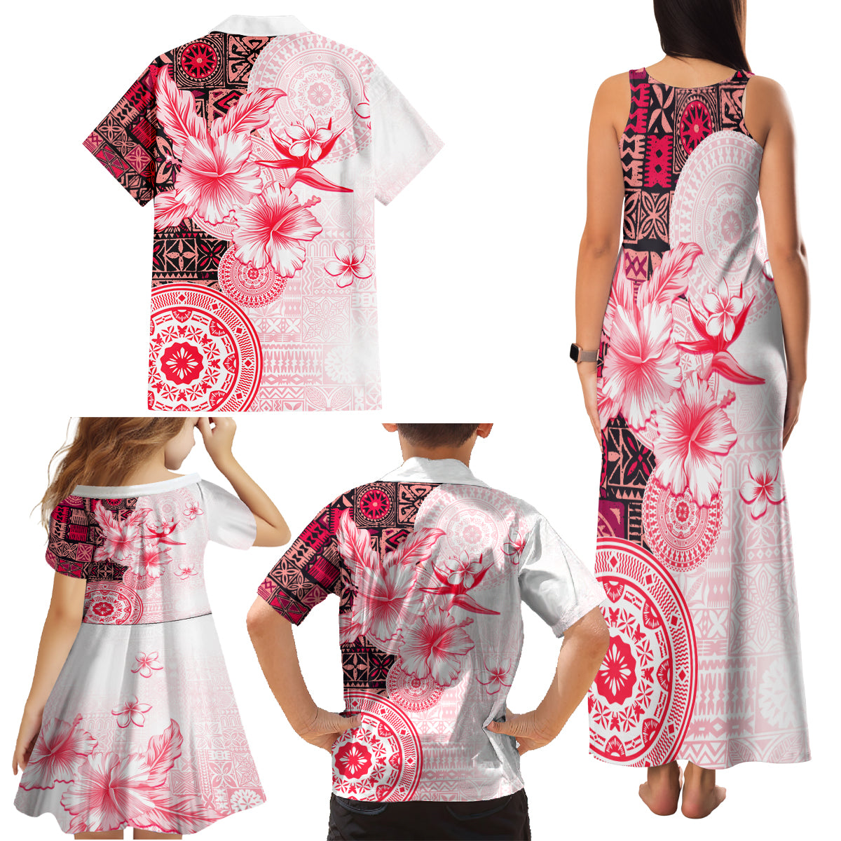 Fiji Family Matching Tank Maxi Dress and Hawaiian Shirt Masi Tapa Pattern Red LT05 - Polynesian Pride