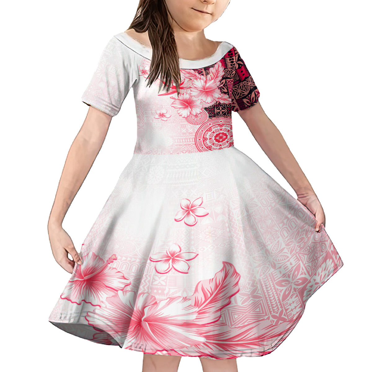 Fiji Kid Short Sleeve Dress Masi Tapa Pattern Red LT05 KID Red - Polynesian Pride