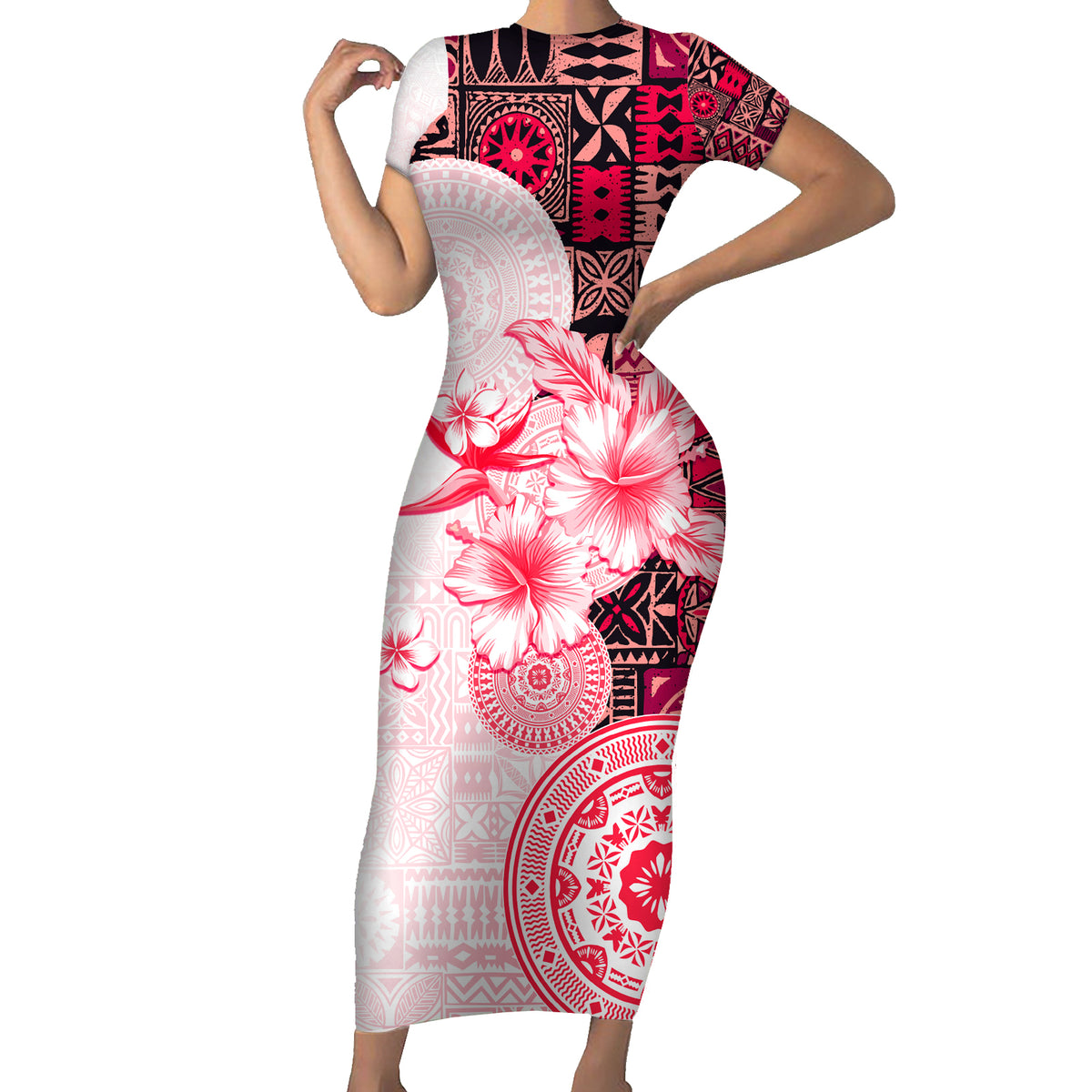 Fiji Short Sleeve Bodycon Dress Masi Tapa Pattern Red LT05 Long Dress Red - Polynesian Pride