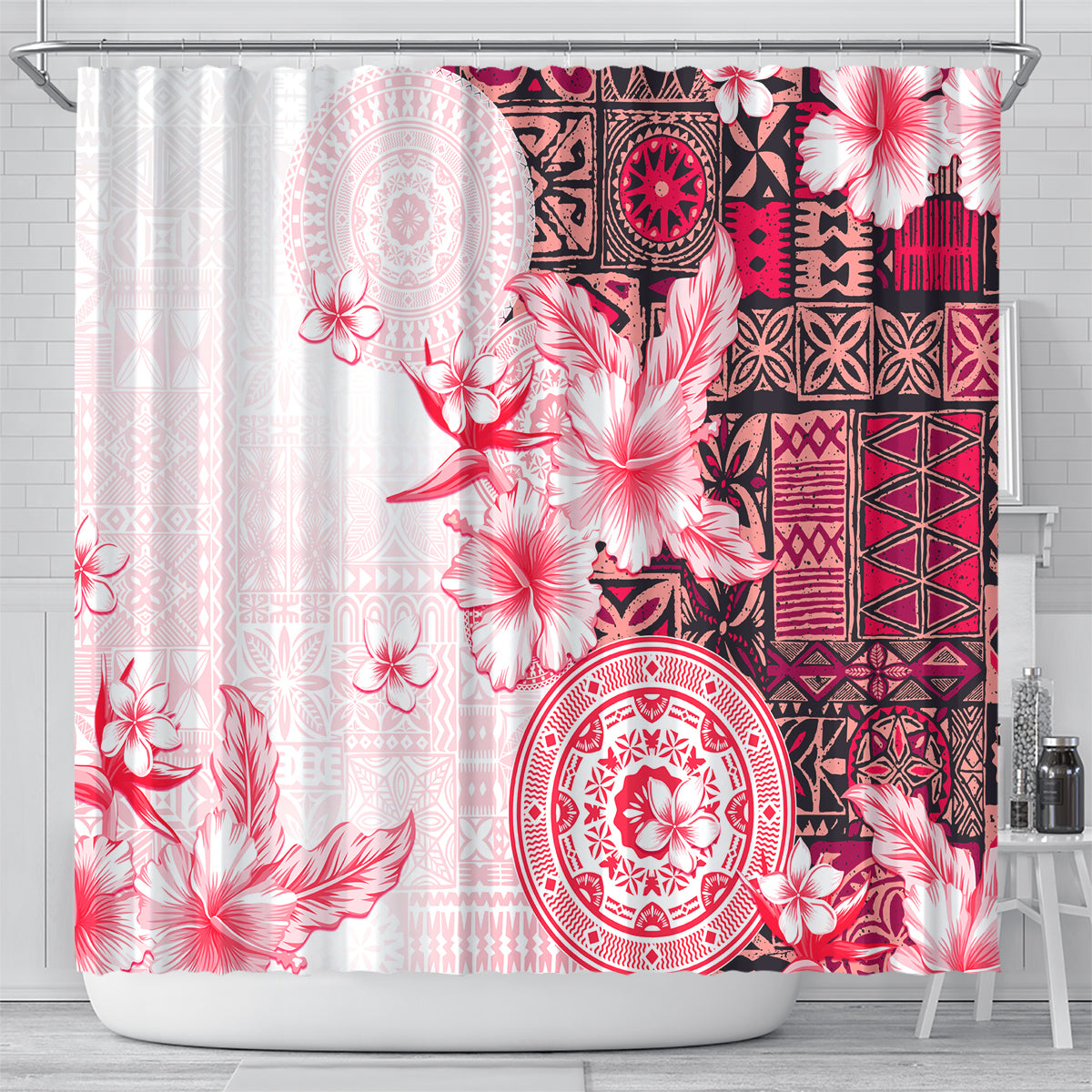 Fiji Shower Curtain Masi Tapa Pattern Red LT05 - Polynesian Pride