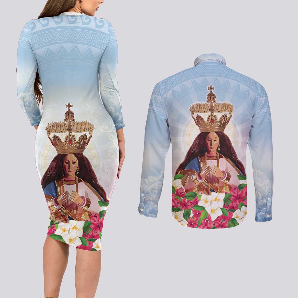 Guam Patroness Couples Matching Long Sleeve Bodycon Dress and Long Sleeve Button Shirt The Legend Santa Marian Kamalen