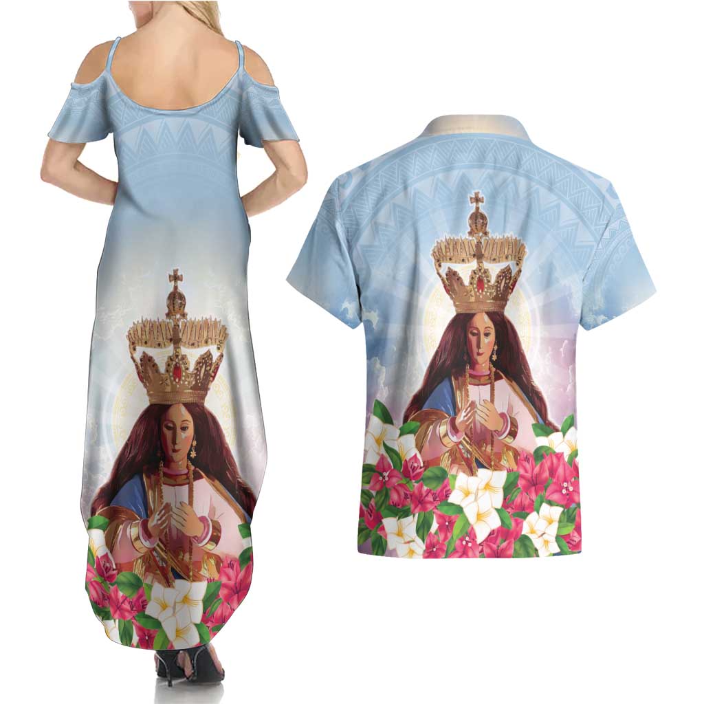 Guam Patroness Couples Matching Summer Maxi Dress and Hawaiian Shirt The Legend Santa Marian Kamalen