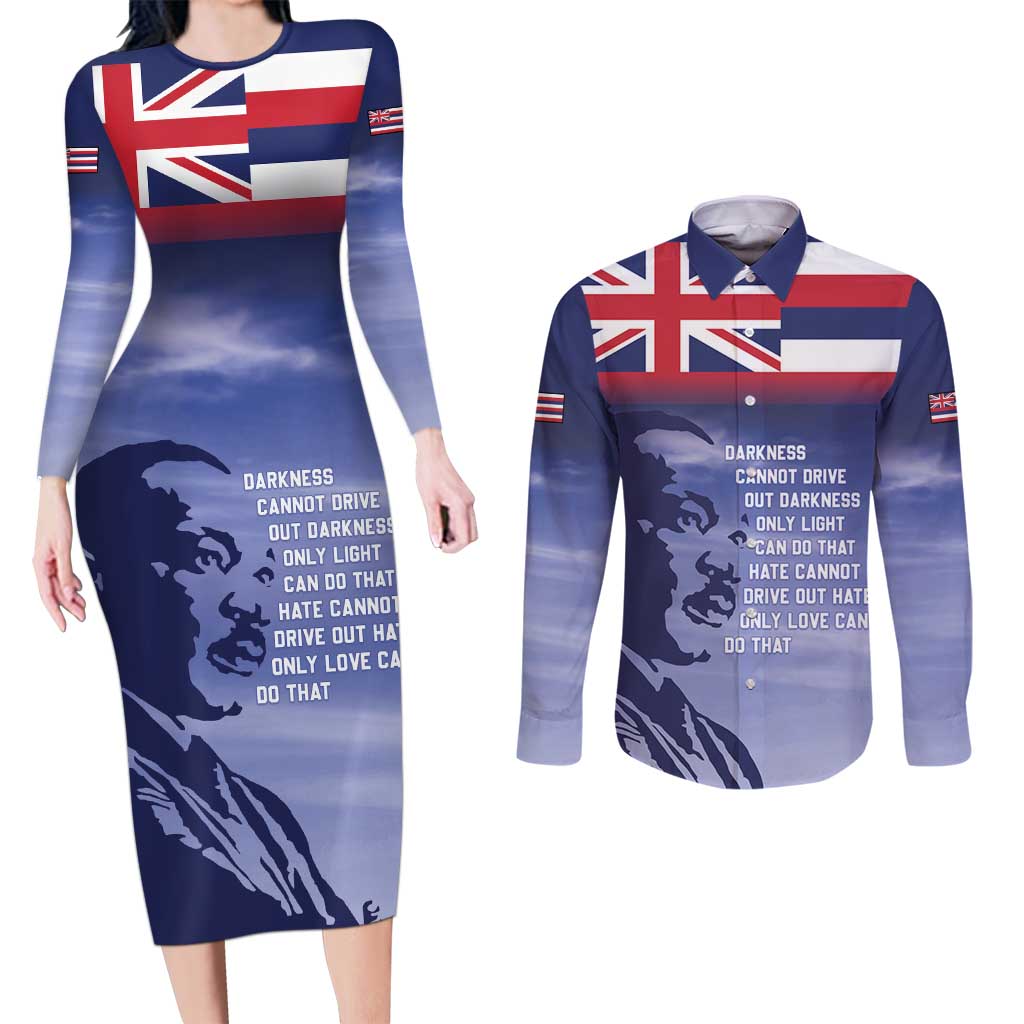 Hawaii MLK Day Couples Matching Long Sleeve Bodycon Dress and Long Sleeve Button Shirt LT05 Blue - Polynesian Pride