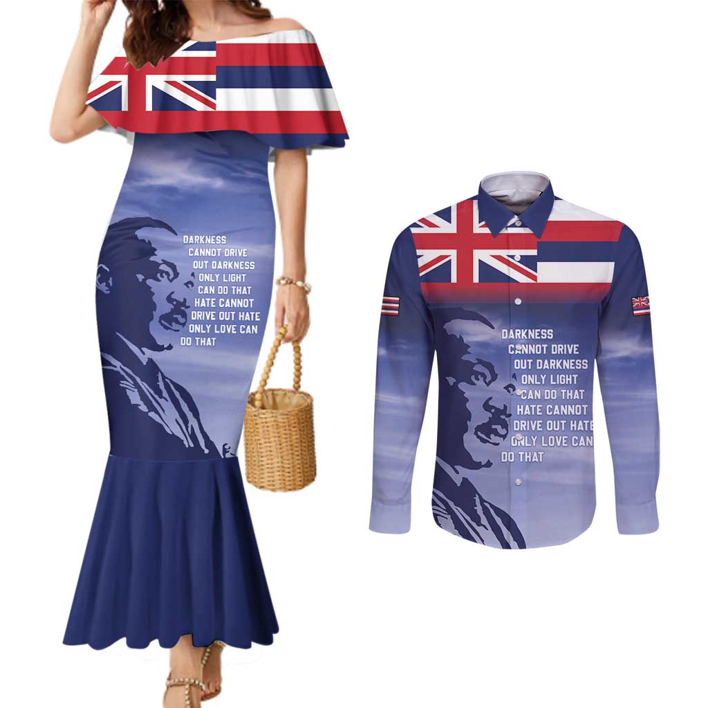 Hawaii MLK Day Couples Matching Mermaid Dress and Long Sleeve Button Shirt LT05 Blue - Polynesian Pride