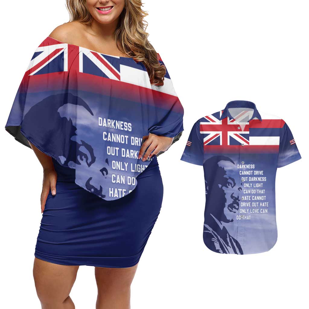 Hawaii MLK Day Couples Matching Off Shoulder Short Dress and Hawaiian Shirt LT05 Blue - Polynesian Pride