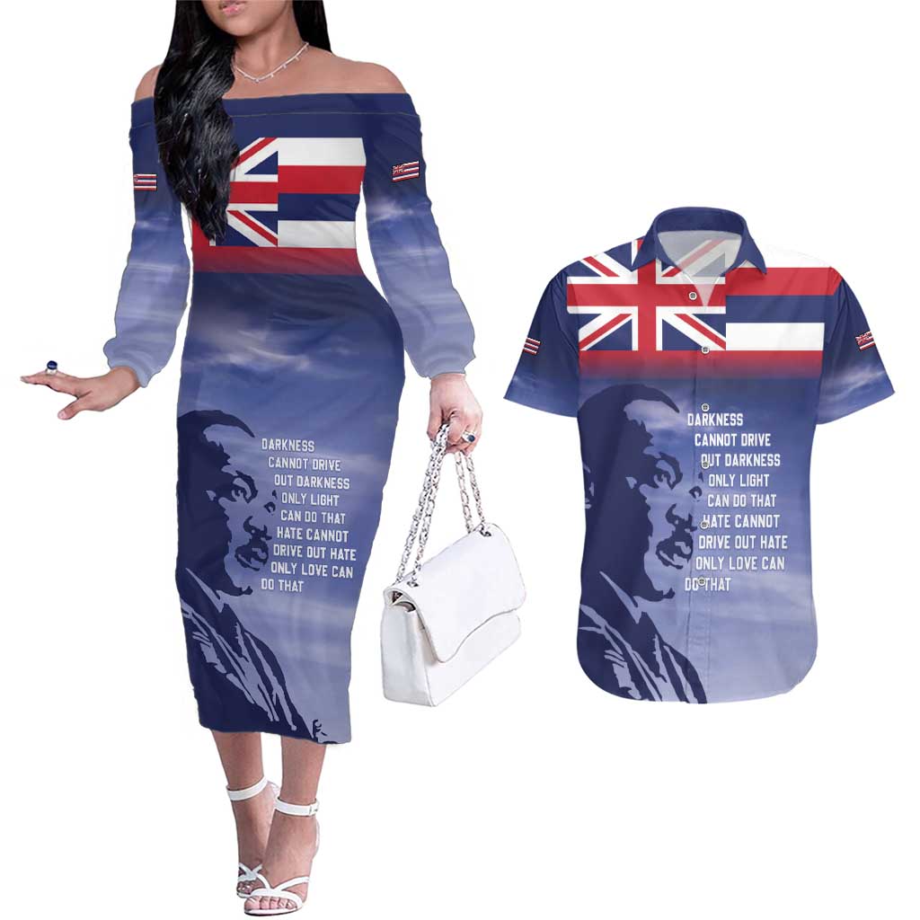 Hawaii MLK Day Couples Matching Off The Shoulder Long Sleeve Dress and Hawaiian Shirt LT05 Blue - Polynesian Pride