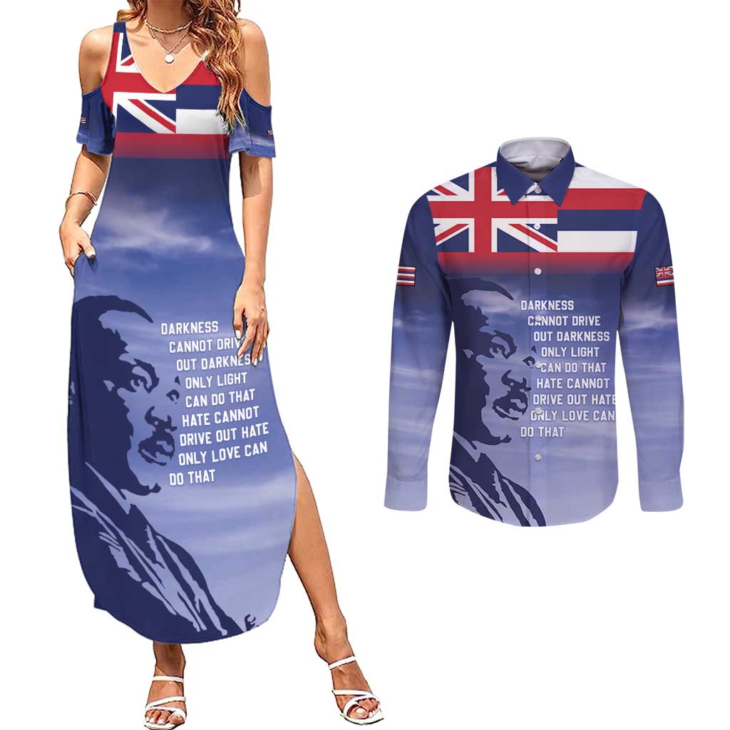 Hawaii MLK Day Couples Matching Summer Maxi Dress and Long Sleeve Button Shirt LT05 Blue - Polynesian Pride