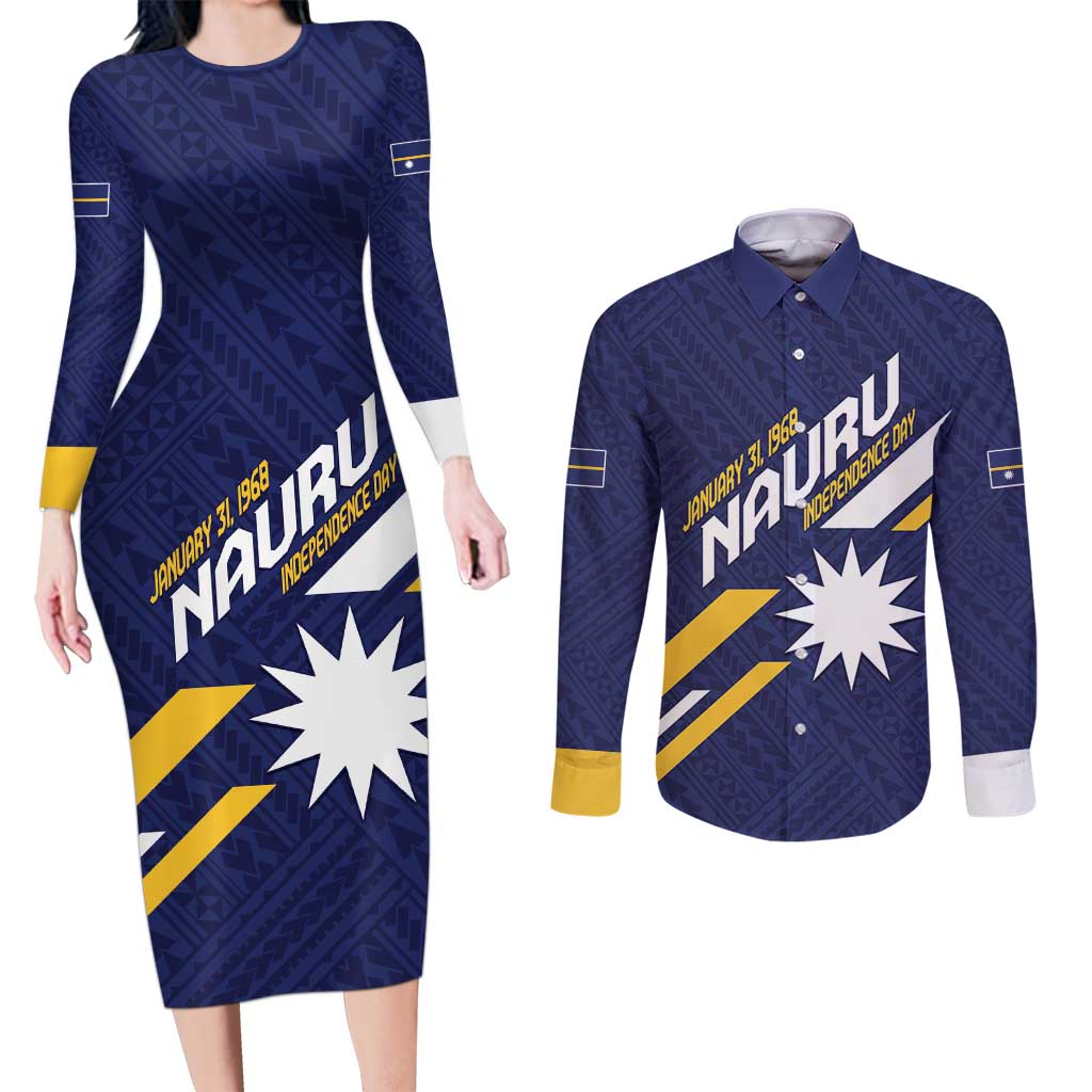 Personalised Happy Nauru Independence Day Couples Matching Long Sleeve Bodycon Dress and Long Sleeve Button Shirt Polynesian Pattern LT05 Blue - Polynesian Pride