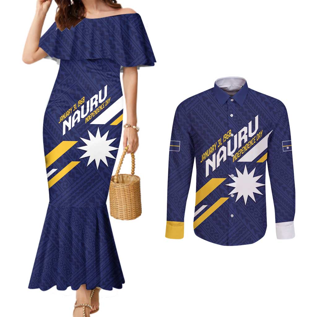 Personalised Happy Nauru Independence Day Couples Matching Mermaid Dress and Long Sleeve Button Shirt Polynesian Pattern LT05 Blue - Polynesian Pride