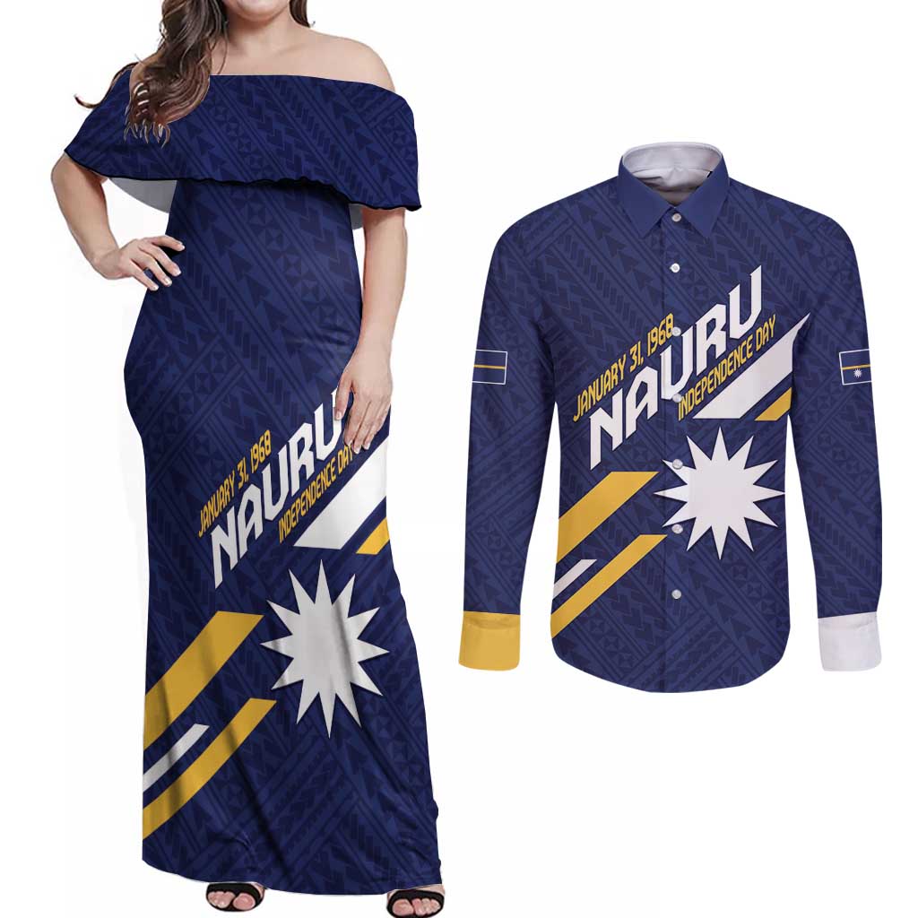 Personalised Happy Nauru Independence Day Couples Matching Off Shoulder Maxi Dress and Long Sleeve Button Shirt Polynesian Pattern LT05 Blue - Polynesian Pride