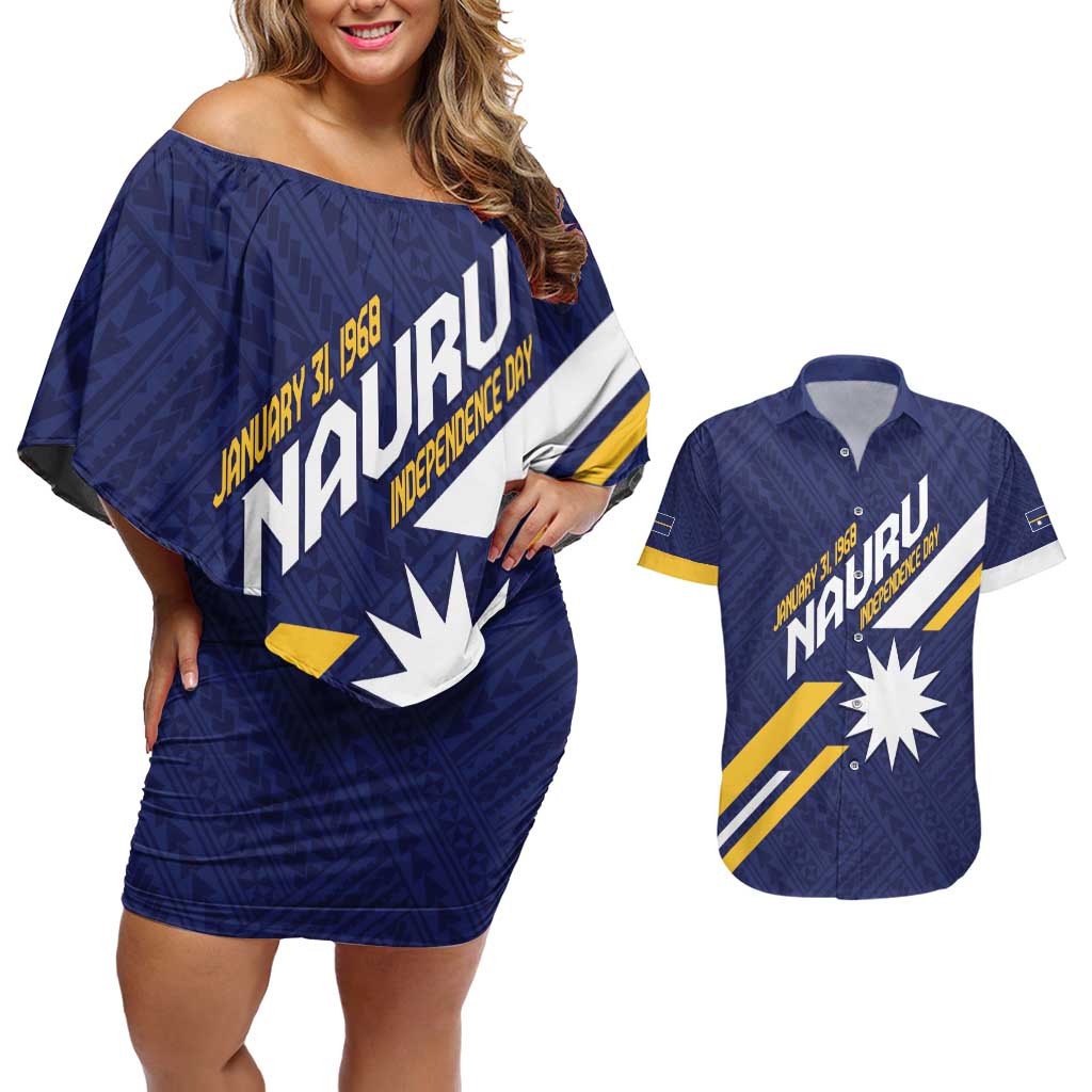 Personalised Happy Nauru Independence Day Couples Matching Off Shoulder Short Dress and Hawaiian Shirt Polynesian Pattern LT05 Blue - Polynesian Pride