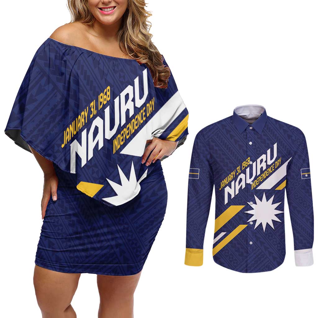 Personalised Happy Nauru Independence Day Couples Matching Off Shoulder Short Dress and Long Sleeve Button Shirt Polynesian Pattern LT05 Blue - Polynesian Pride