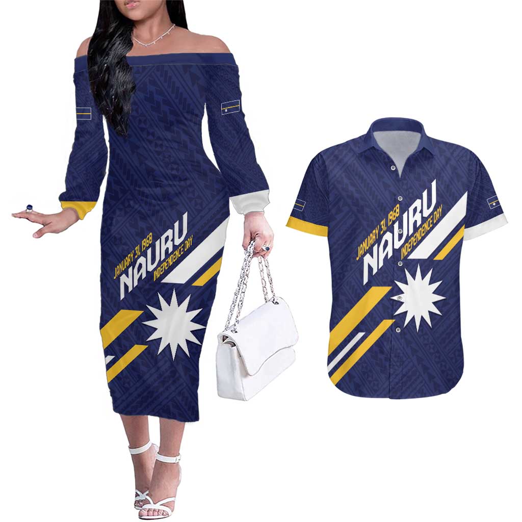 Personalised Happy Nauru Independence Day Couples Matching Off The Shoulder Long Sleeve Dress and Hawaiian Shirt Polynesian Pattern LT05 Blue - Polynesian Pride