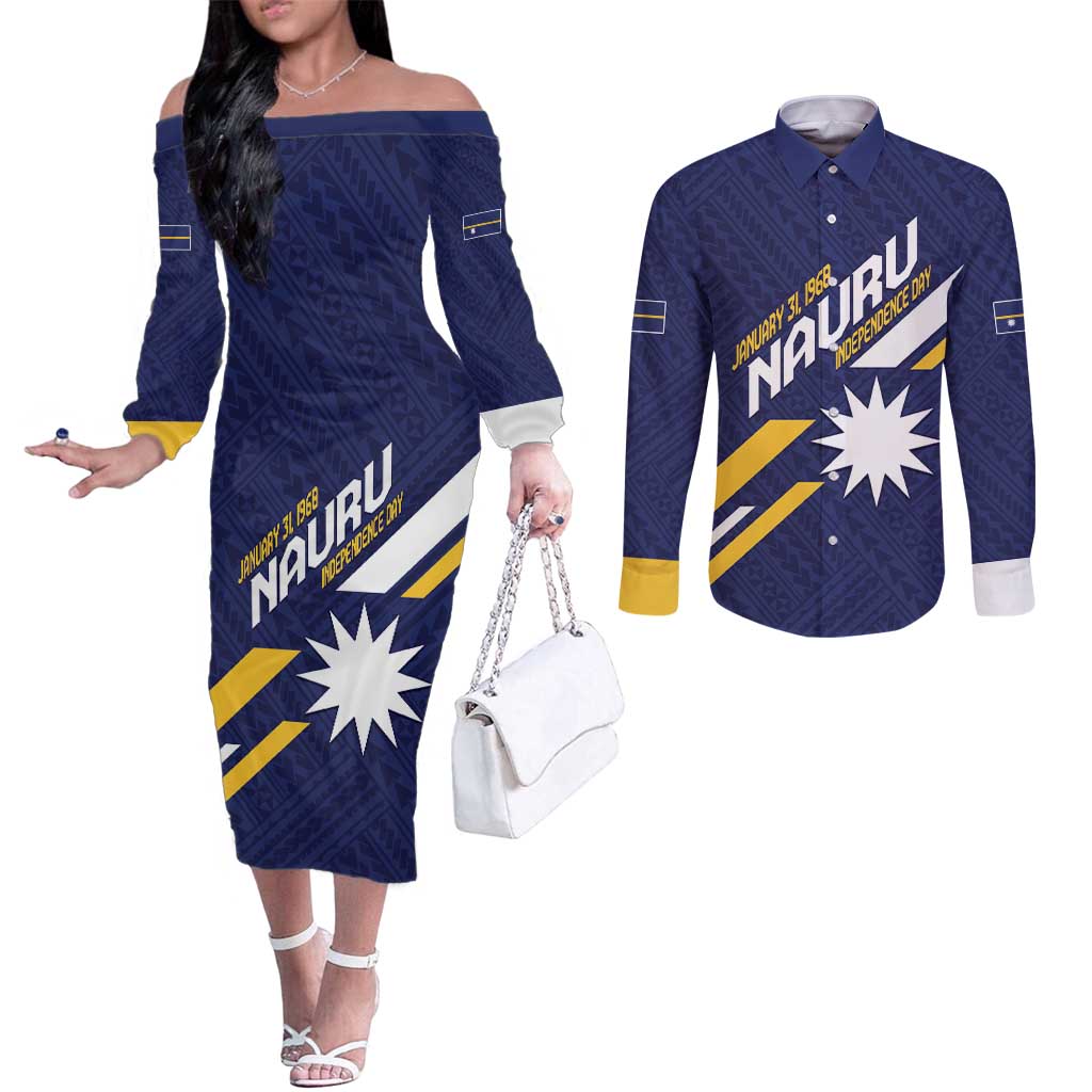 Personalised Happy Nauru Independence Day Couples Matching Off The Shoulder Long Sleeve Dress and Long Sleeve Button Shirt Polynesian Pattern LT05 Blue - Polynesian Pride