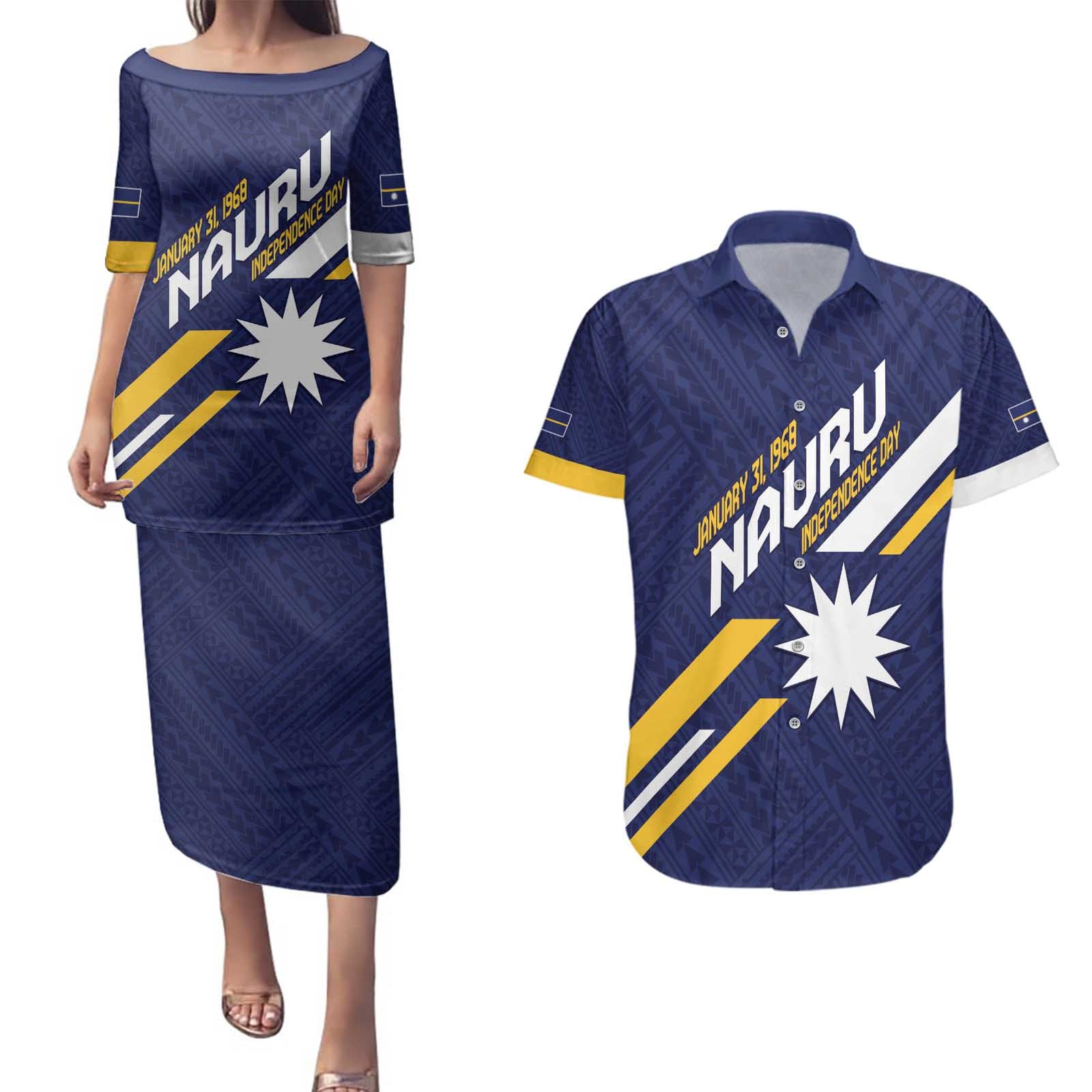Personalised Happy Nauru Independence Day Couples Matching Puletasi and Hawaiian Shirt Polynesian Pattern LT05 Blue - Polynesian Pride
