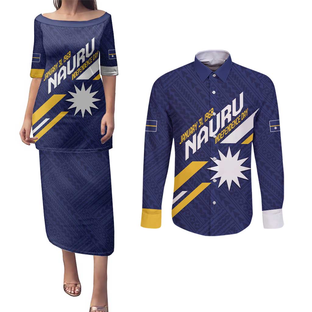 Personalised Happy Nauru Independence Day Couples Matching Puletasi and Long Sleeve Button Shirt Polynesian Pattern LT05 Blue - Polynesian Pride