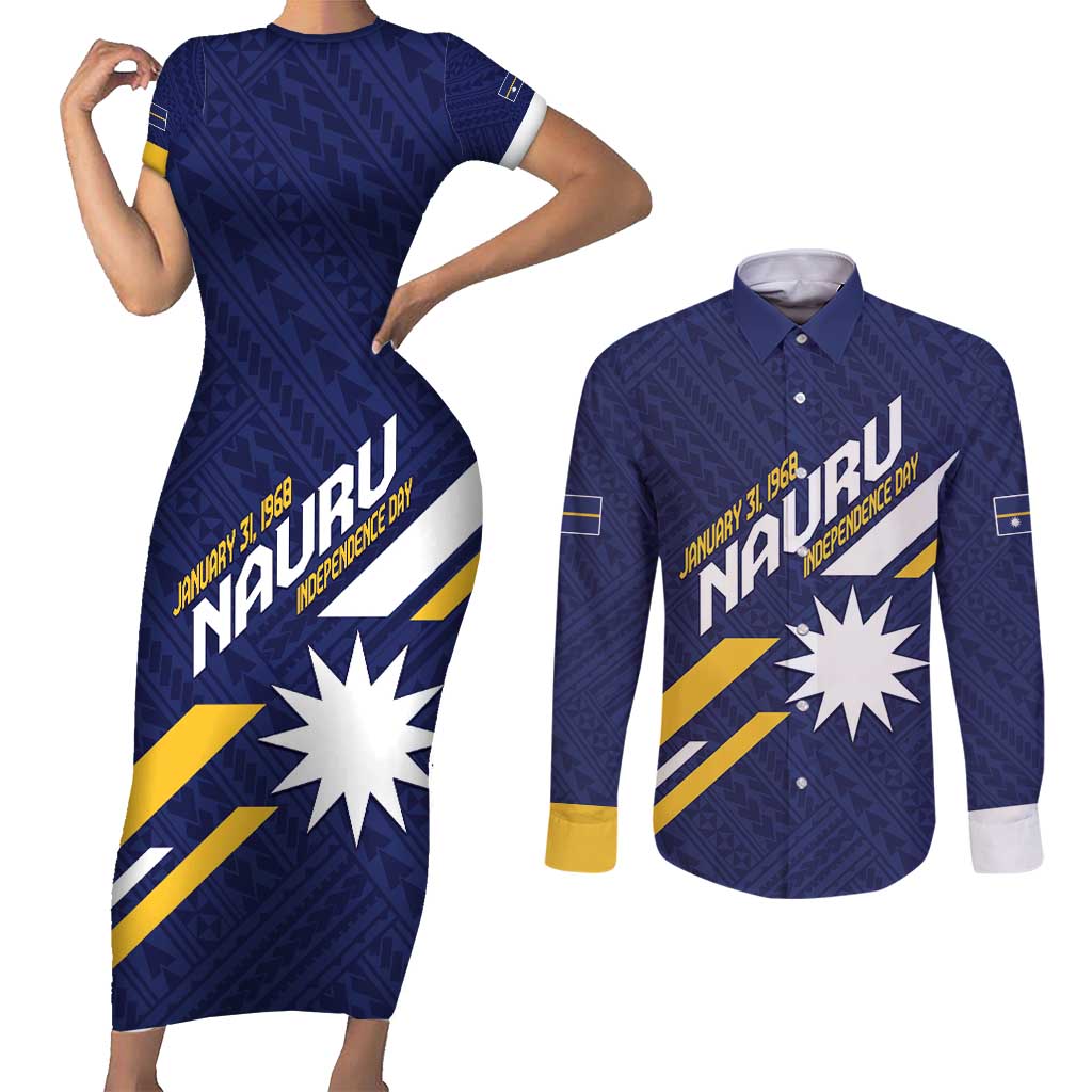 Personalised Happy Nauru Independence Day Couples Matching Short Sleeve Bodycon Dress and Long Sleeve Button Shirt Polynesian Pattern LT05 Blue - Polynesian Pride