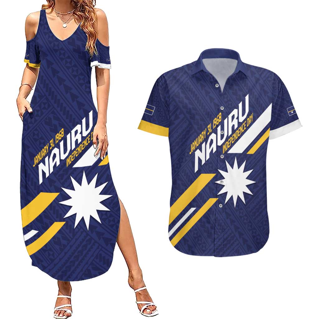 Personalised Happy Nauru Independence Day Couples Matching Summer Maxi Dress and Hawaiian Shirt Polynesian Pattern LT05 Blue - Polynesian Pride