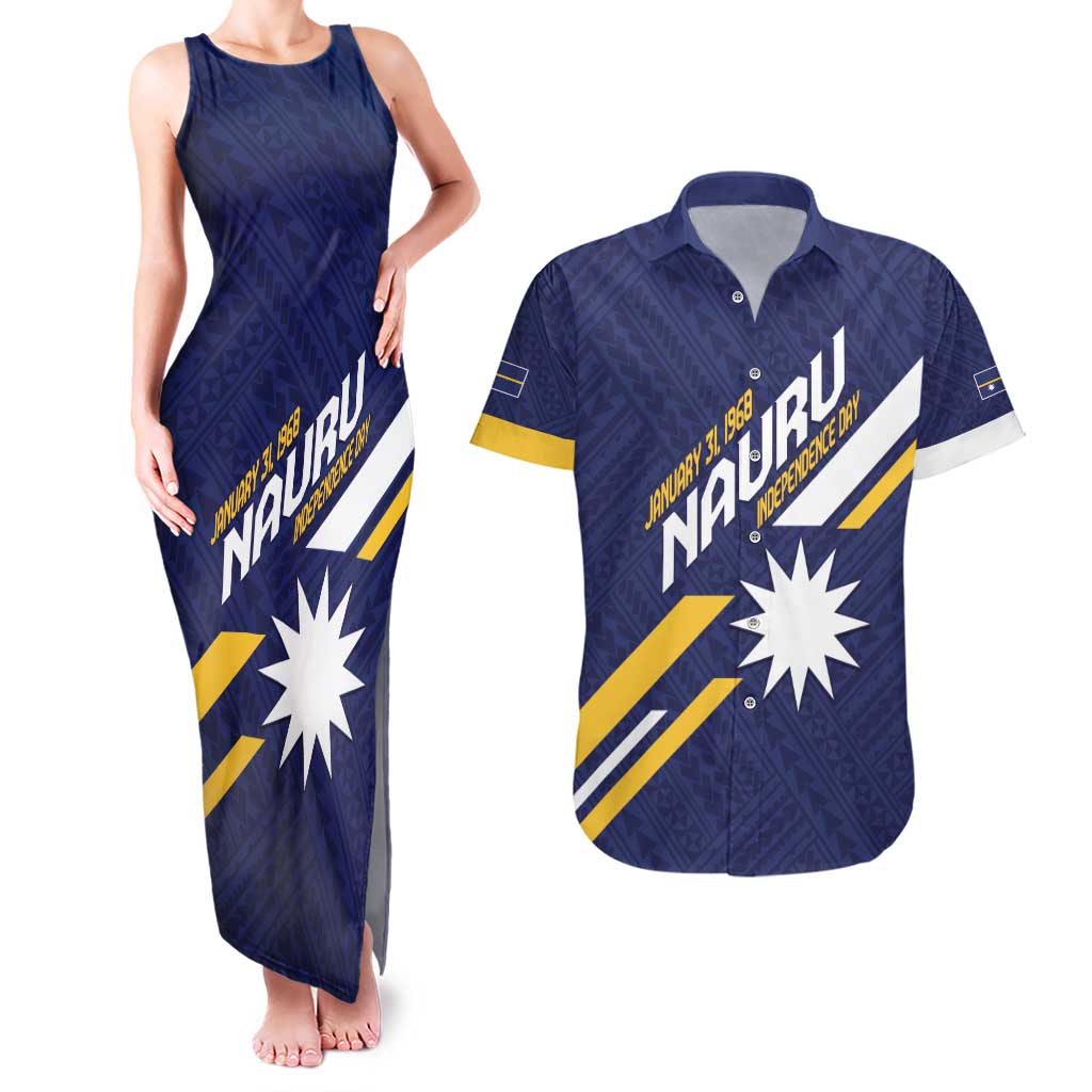 Personalised Happy Nauru Independence Day Couples Matching Tank Maxi Dress and Hawaiian Shirt Polynesian Pattern LT05 Blue - Polynesian Pride