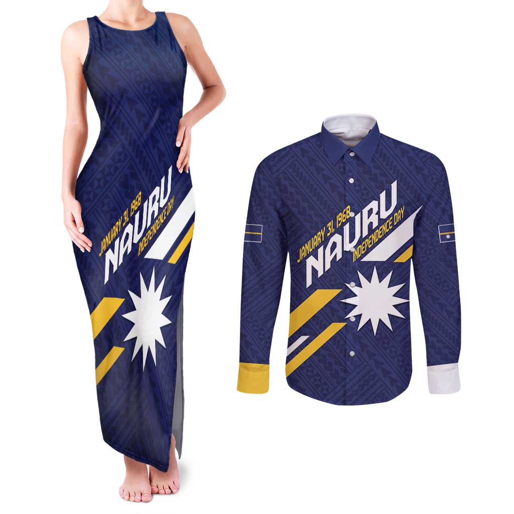 Personalised Happy Nauru Independence Day Couples Matching Tank Maxi Dress and Long Sleeve Button Shirt Polynesian Pattern LT05 Blue - Polynesian Pride
