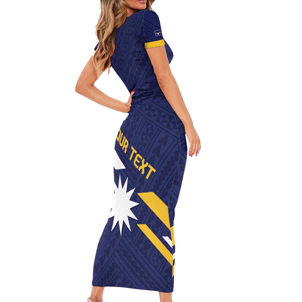 Personalised Happy Nauru Independence Day Family Matching Short Sleeve Bodycon Dress and Hawaiian Shirt Polynesian Pattern
