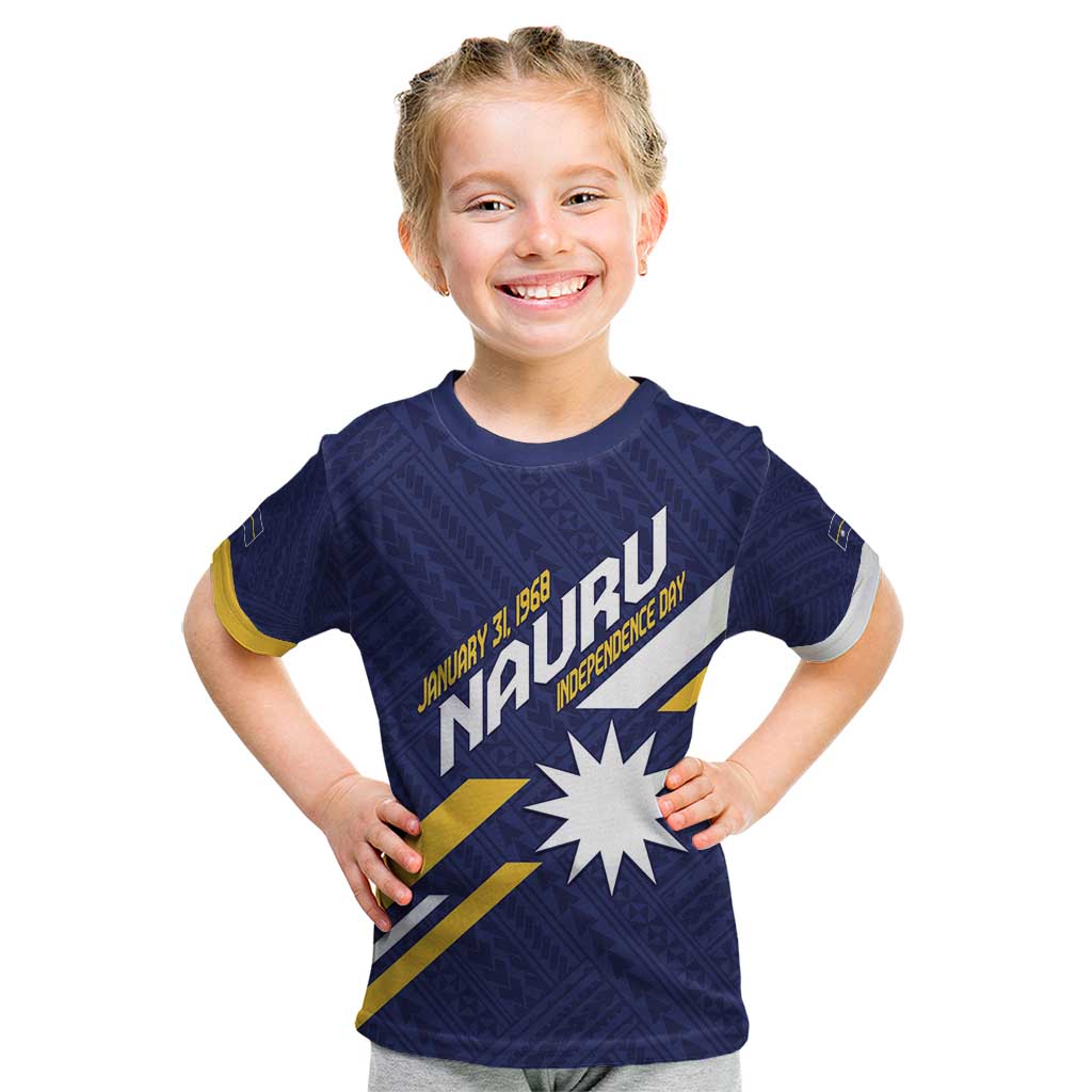Personalised Happy Nauru Independence Day Kid T Shirt Polynesian Pattern LT05 Blue - Polynesian Pride