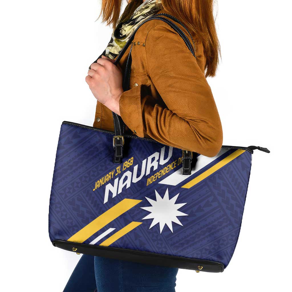 Happy Nauru Independence Day Leather Tote Bag Polynesian Pattern LT05 Blue - Polynesian Pride
