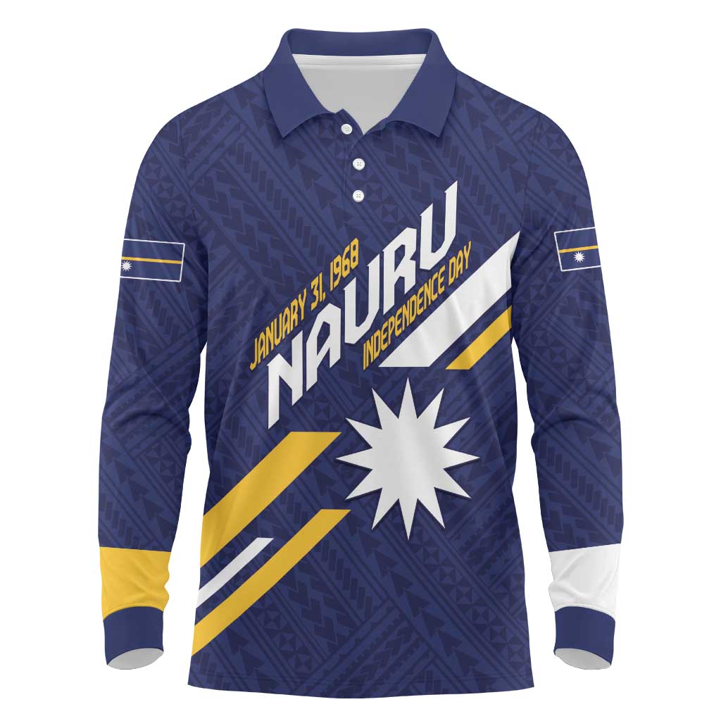 Personalised Happy Nauru Independence Day Long Sleeve Polo Shirt Polynesian Pattern LT05 Blue - Polynesian Pride