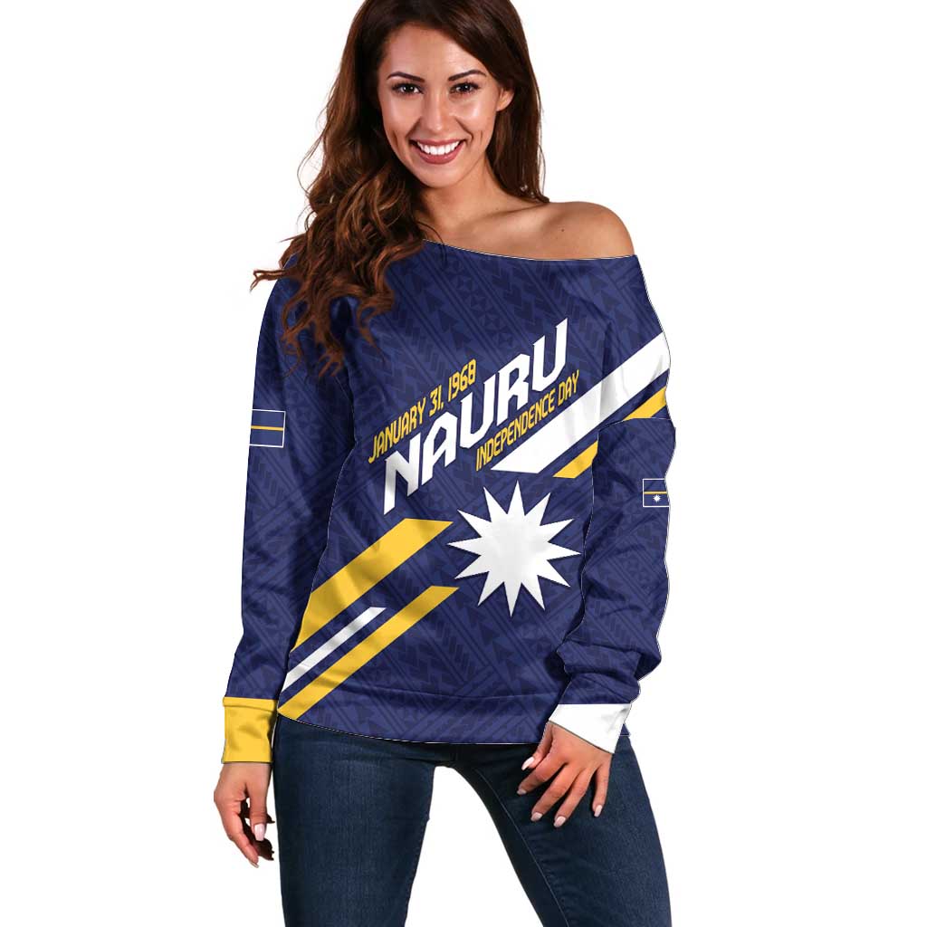 Personalised Happy Nauru Independence Day Off Shoulder Sweater Polynesian Pattern LT05 Women Blue - Polynesian Pride