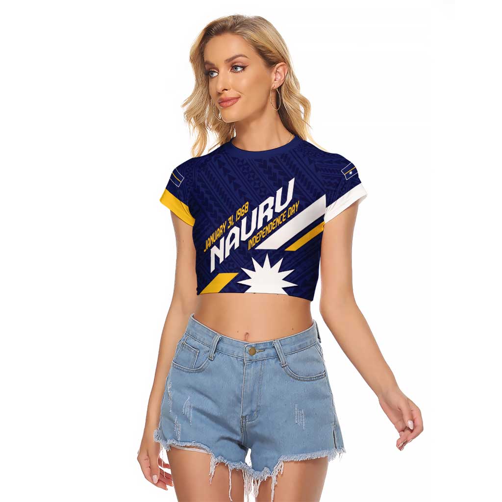 Personalised Happy Nauru Independence Day Raglan Cropped T Shirt Polynesian Pattern LT05 Female Blue - Polynesian Pride