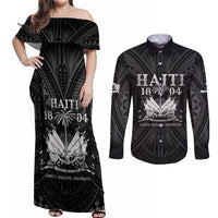 Haiti 1804 Couples Matching Off Shoulder Maxi Dress and Long Sleeve Button Shirt Polynesian Silver Neg Maron