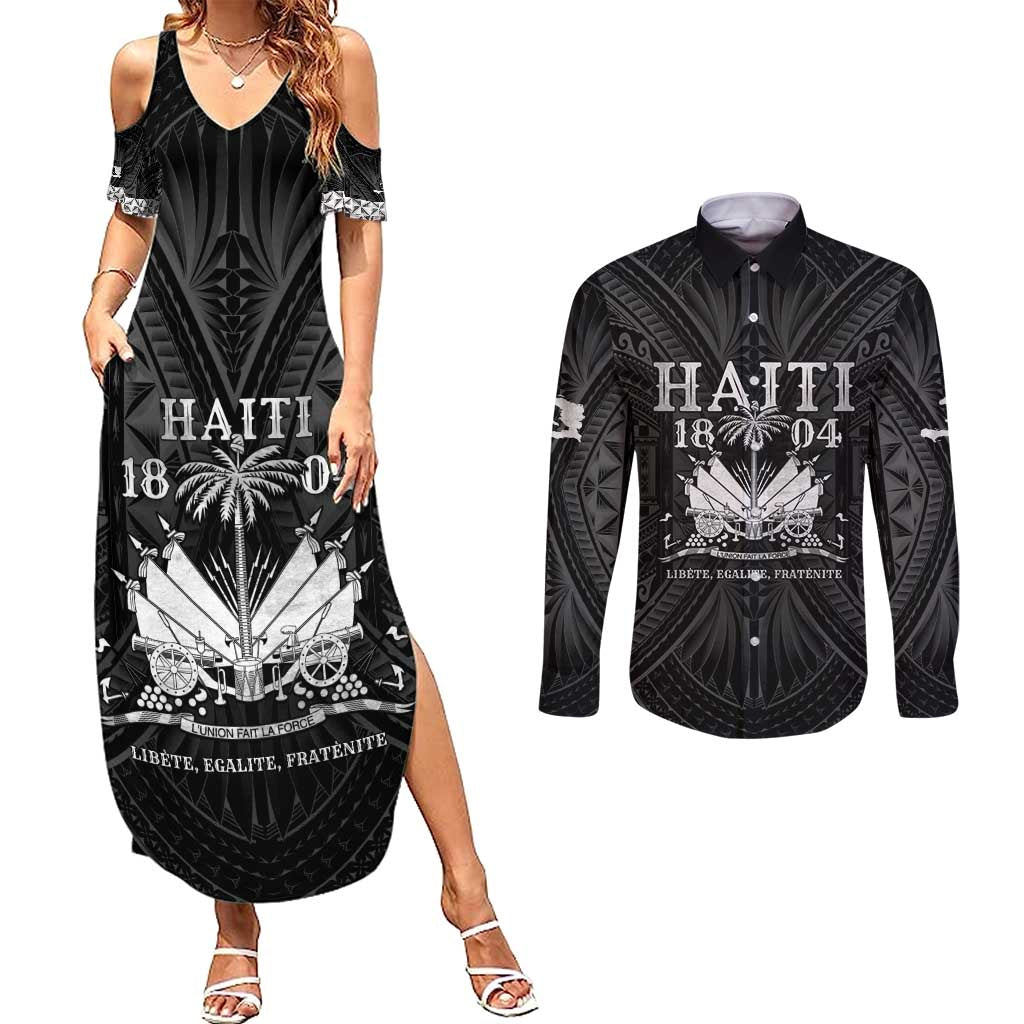 Haiti 1804 Couples Matching Summer Maxi Dress and Long Sleeve Button Shirt Polynesian Silver Neg Maron