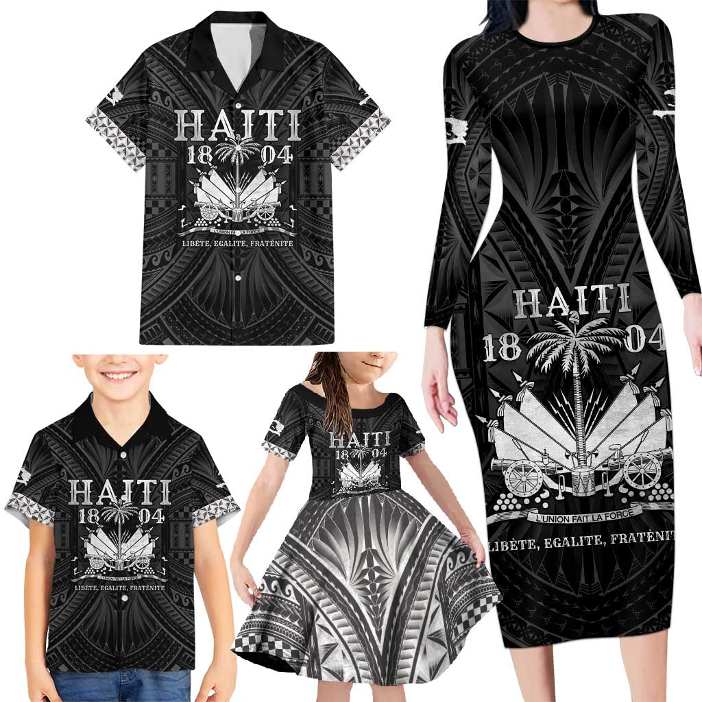 Haiti 1804 Family Matching Long Sleeve Bodycon Dress and Hawaiian Shirt Polynesian Silver Neg Maron