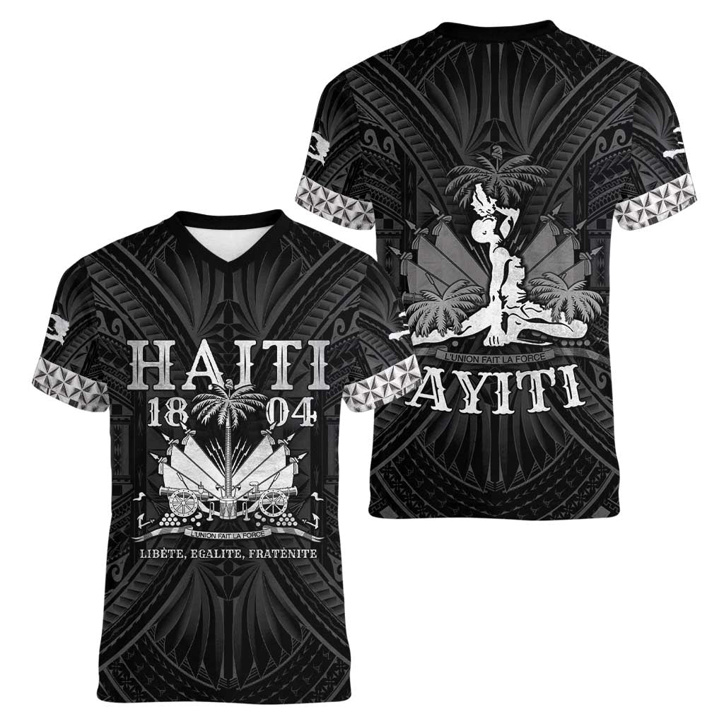 Haiti 1804 Women V-Neck T-Shirt Polynesian Silver Neg Maron
