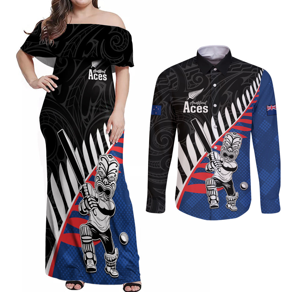 Custom New Zealand Auckland Cricket Couples Matching Off Shoulder Maxi Dress and Long Sleeve Button Shirt With Maori Pattern LT05 Blue - Polynesian Pride