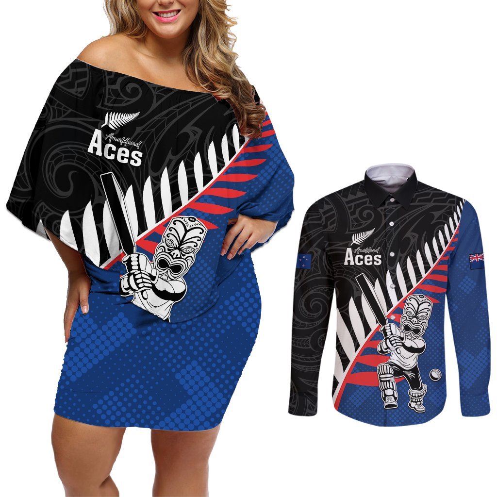 Custom New Zealand Auckland Cricket Couples Matching Off Shoulder Short Dress and Long Sleeve Button Shirt With Maori Pattern LT05 Blue - Polynesian Pride