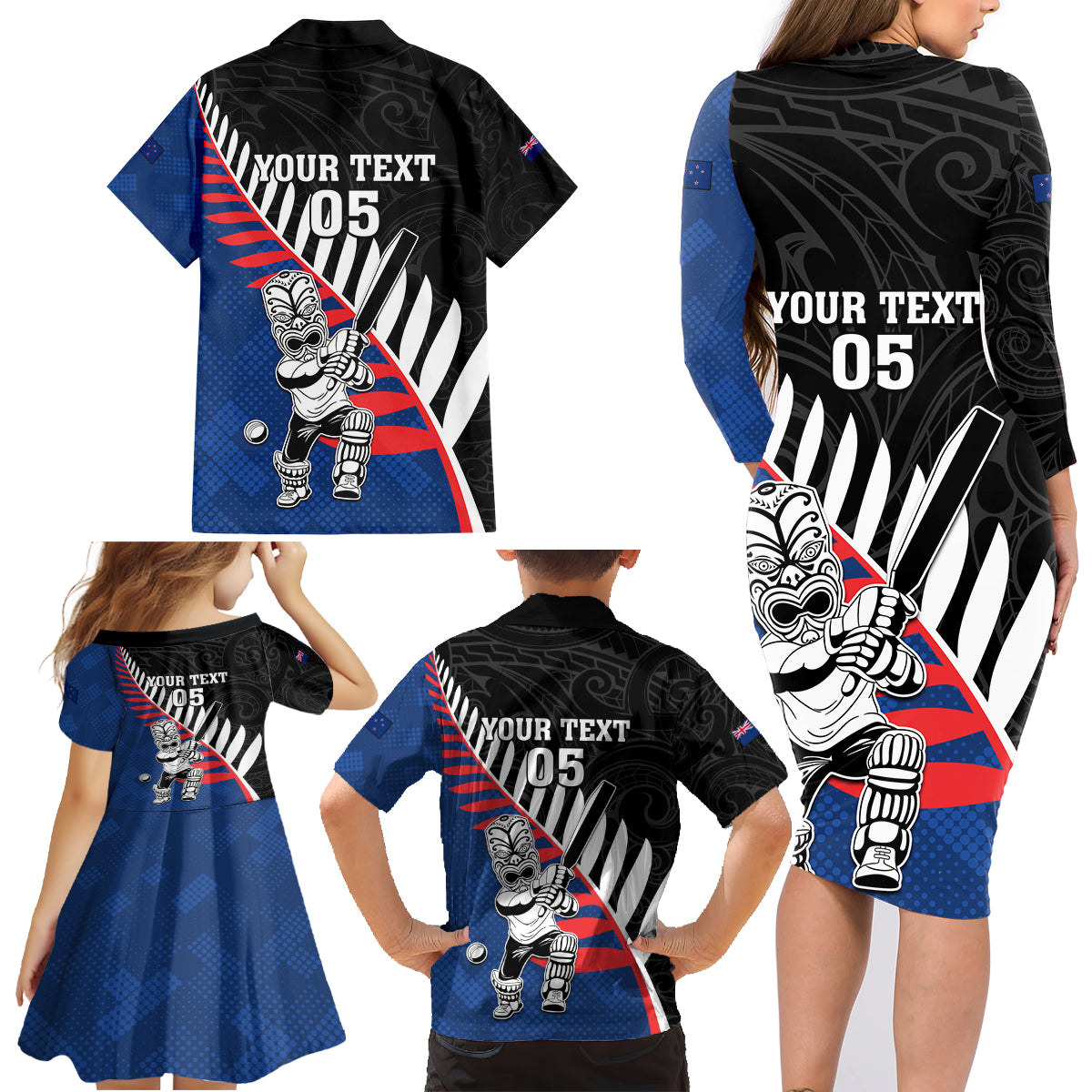 Custom New Zealand Auckland Cricket Family Matching Long Sleeve Bodycon Dress and Hawaiian Shirt With Maori Pattern