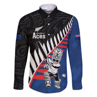 Custom New Zealand Auckland Cricket Family Matching Off Shoulder Short Dress and Hawaiian Shirt With Maori Pattern LT05 Dad's Shirt - Long Sleeve Blue - Polynesian Pride