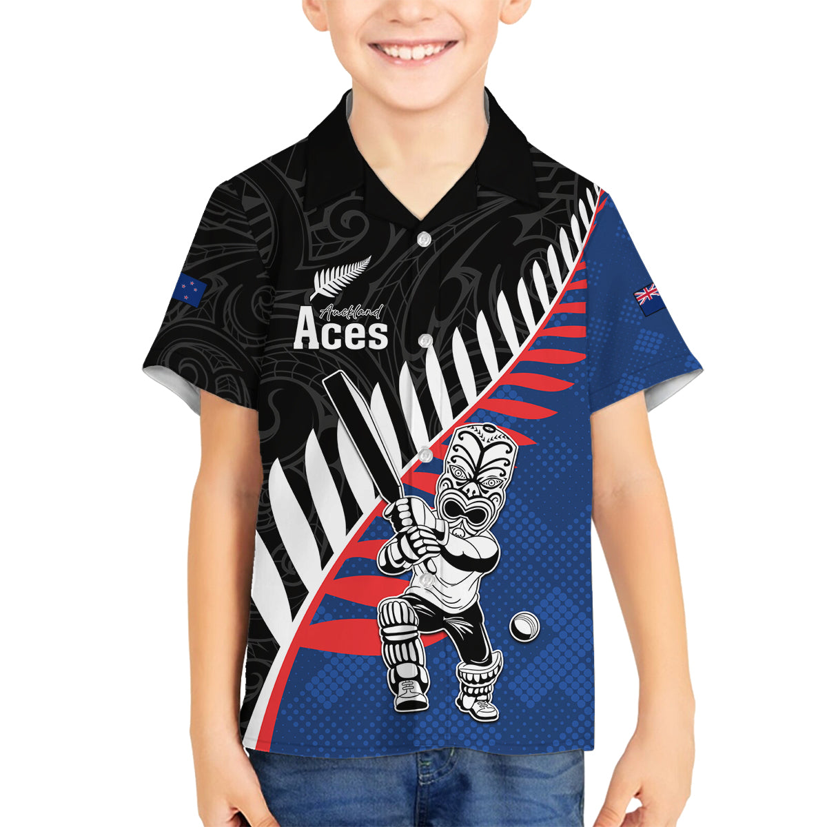 Custom New Zealand Auckland Cricket Family Matching Off Shoulder Short Dress and Hawaiian Shirt With Maori Pattern LT05 Son's Shirt Blue - Polynesian Pride