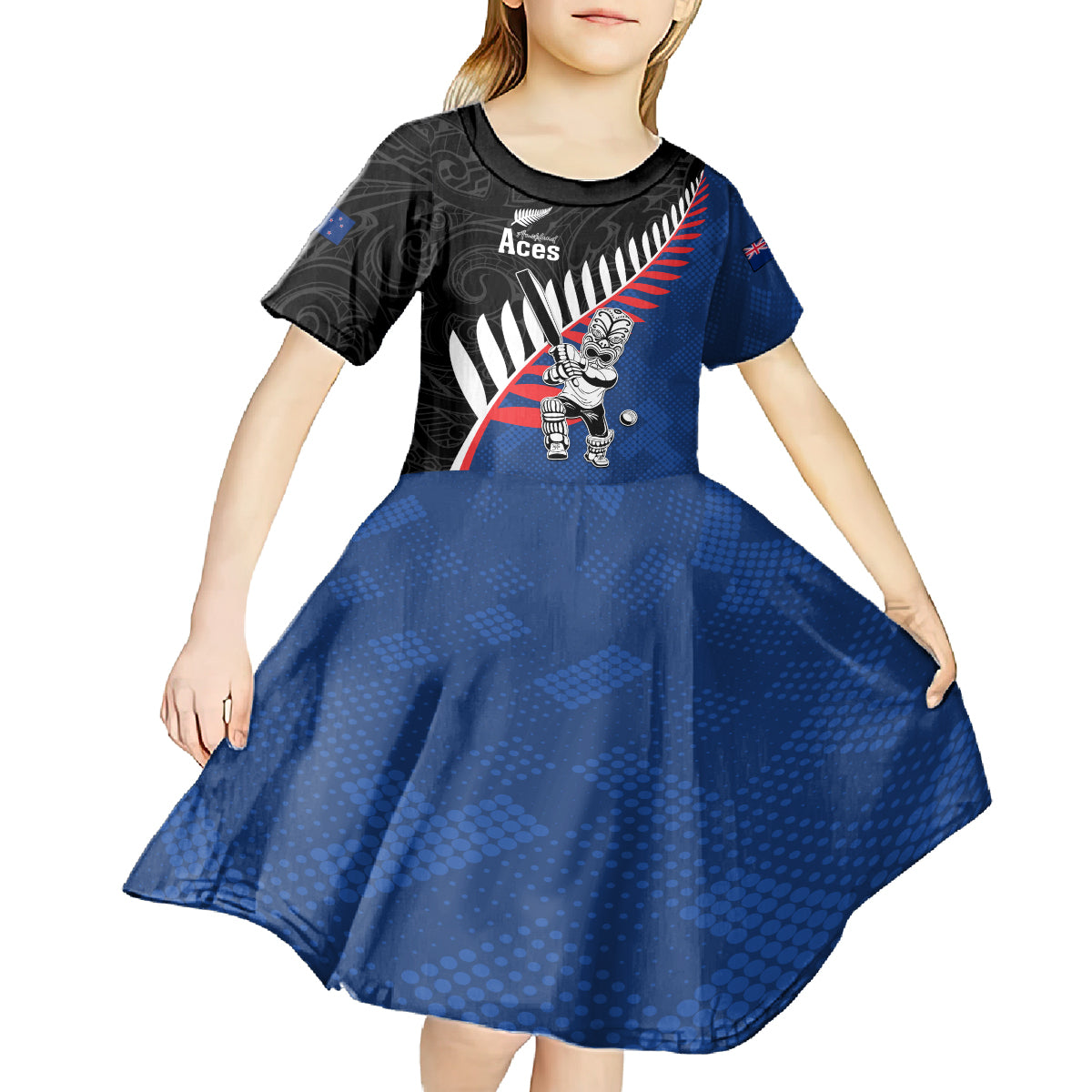 Custom New Zealand Auckland Cricket Kid Short Sleeve Dress With Maori Pattern LT05 - Polynesian Pride
