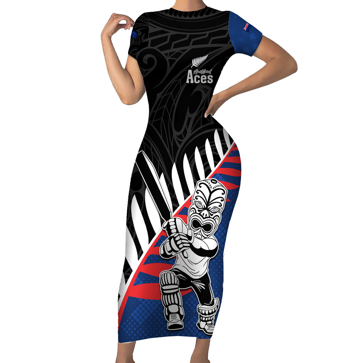 Custom New Zealand Auckland Cricket Short Sleeve Bodycon Dress With Maori Pattern LT05 Long Dress Blue - Polynesian Pride