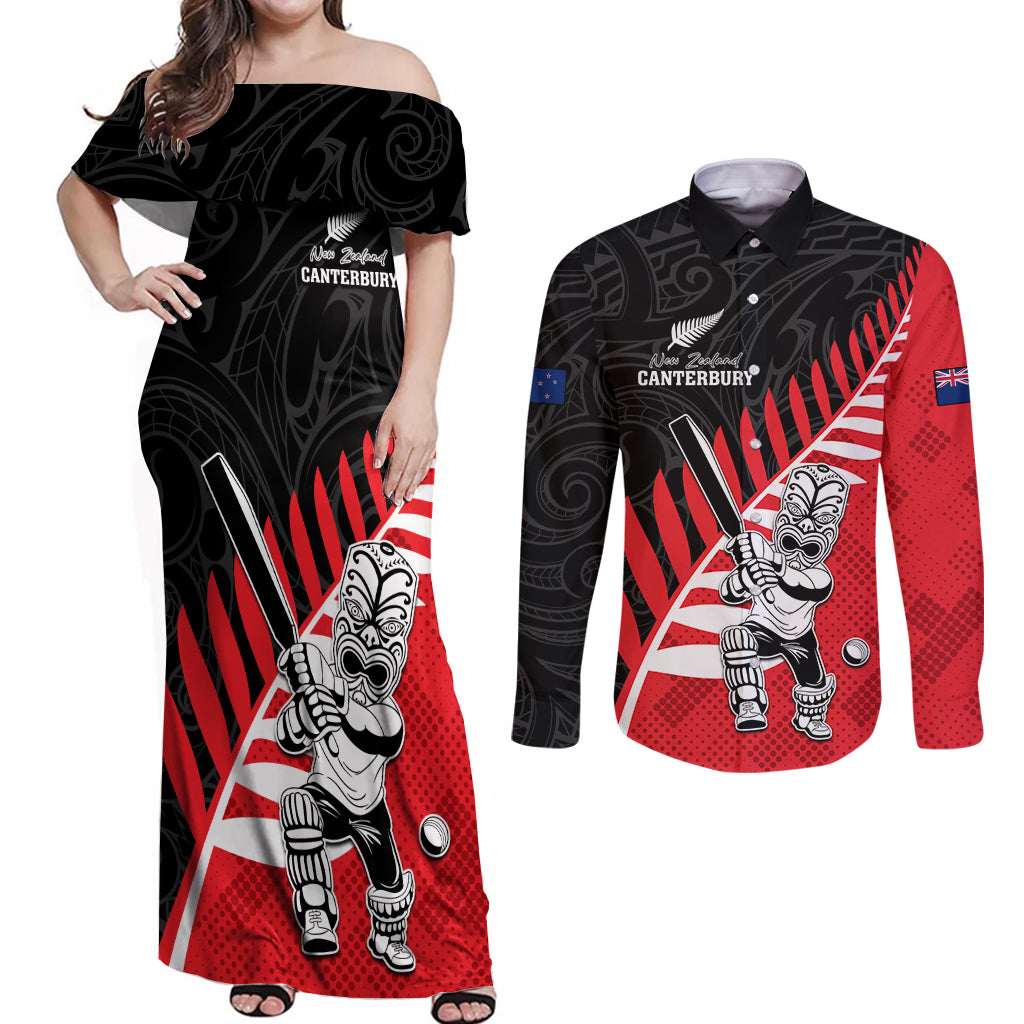 Custom New Zealand Canterbury Cricket Couples Matching Off Shoulder Maxi Dress and Long Sleeve Button Shirt With Maori Pattern LT05 Red - Polynesian Pride
